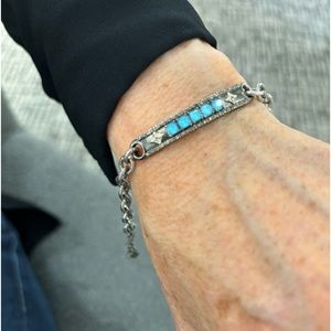 Armenta oxidized silver I D bracelet with Turquoise and Clear quartz doublets.